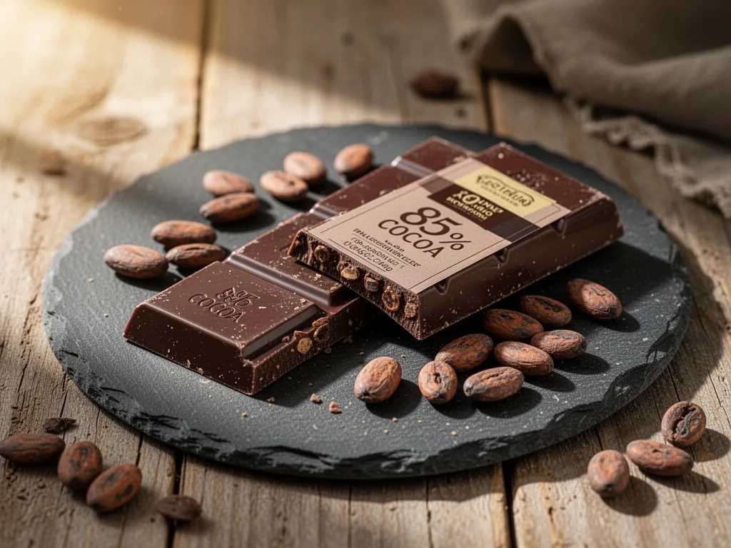 A dark chocolate bar with 85% cocoa label, broken in half, resting on a slate plate with scattered cocoa beans, natural 