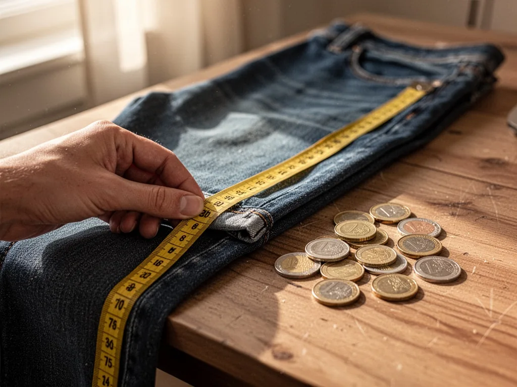 A tailor's hand holding a yellow measuring tape along a denim pant hem, scattered euro coins on a wooden table, soft aft