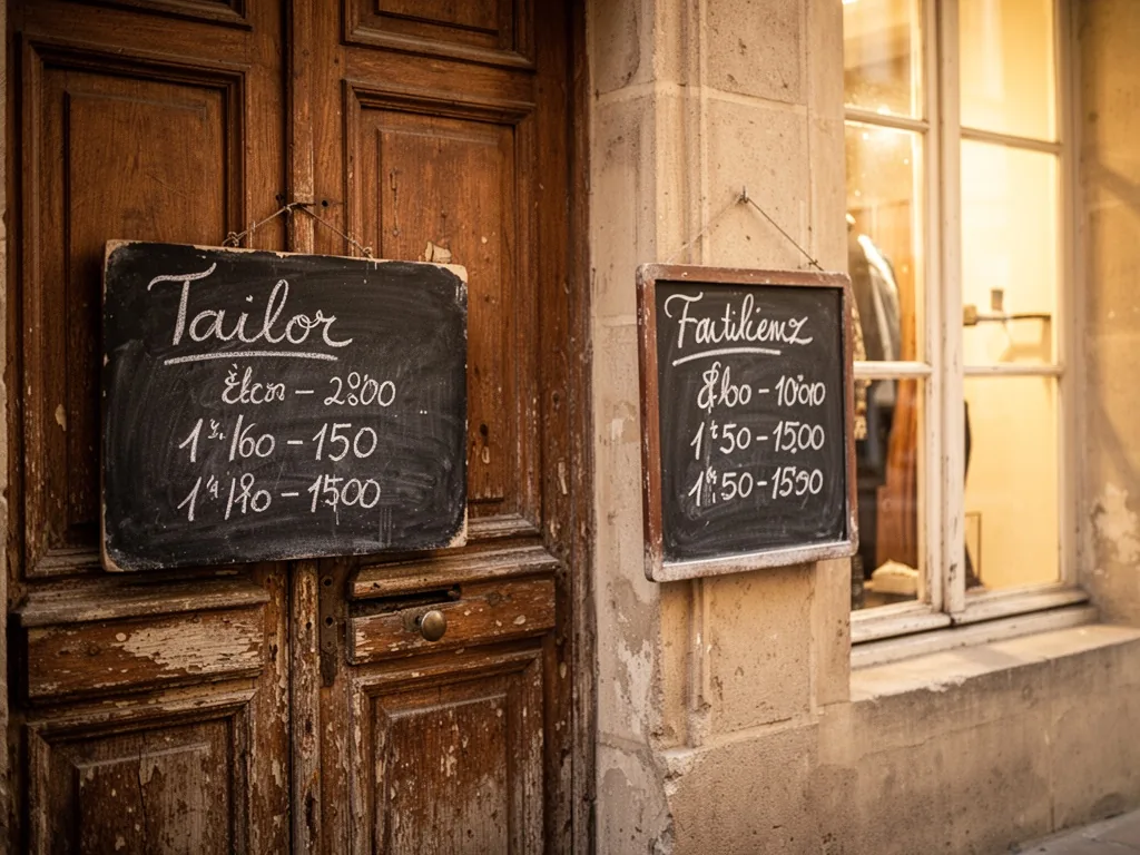 An aged wooden door of a tailor shop in Metz, a handwritten chalkboard sign listing opening hours, soft golden light fil