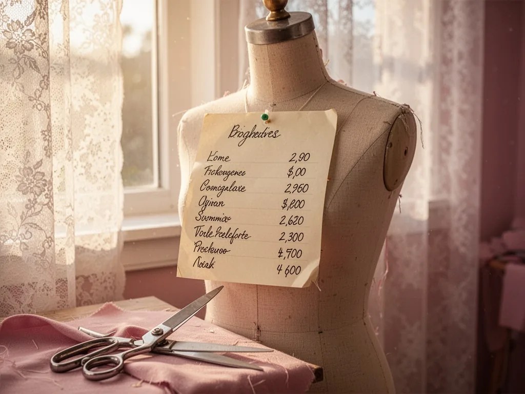 A handwritten price list on cream paper pinned to a sewing mannequin, scissor blades nearby, morning light filtering thr