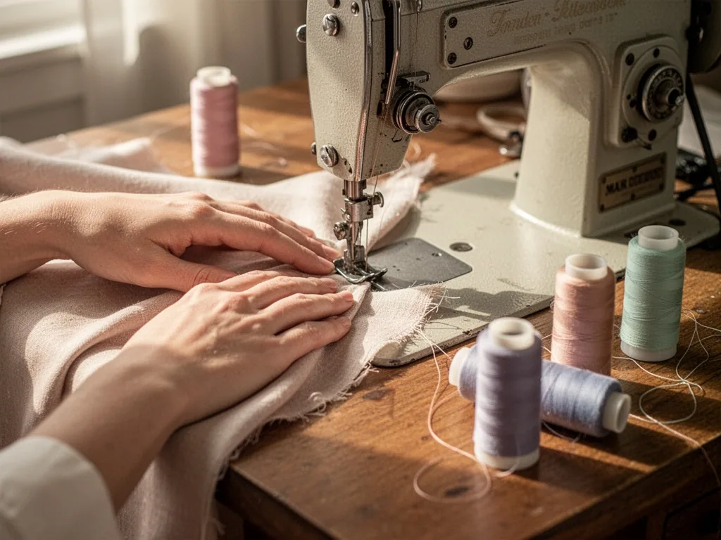 A pair of hands guiding fabric under a vintage sewing machine needle, thread spools in muted colors, soft afternoon ligh