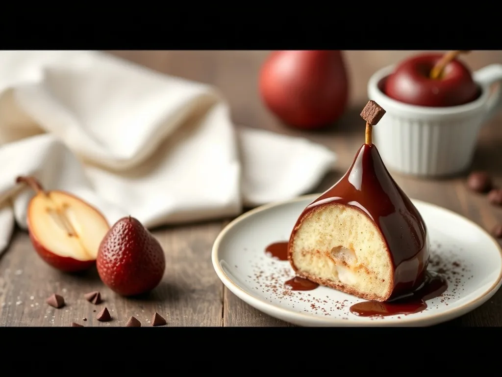 Un gâteau fondant poire chocolat sur une assiette, avec des morceaux de poire visibles et un filet de chocolat.