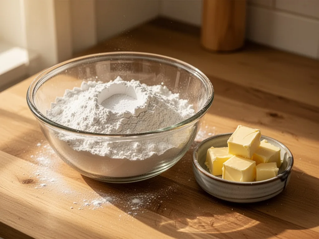 A glass bowl filled with sifted flour and cornstarch, a small ceramic dish of cubed butter beside it, wooden countertop,
