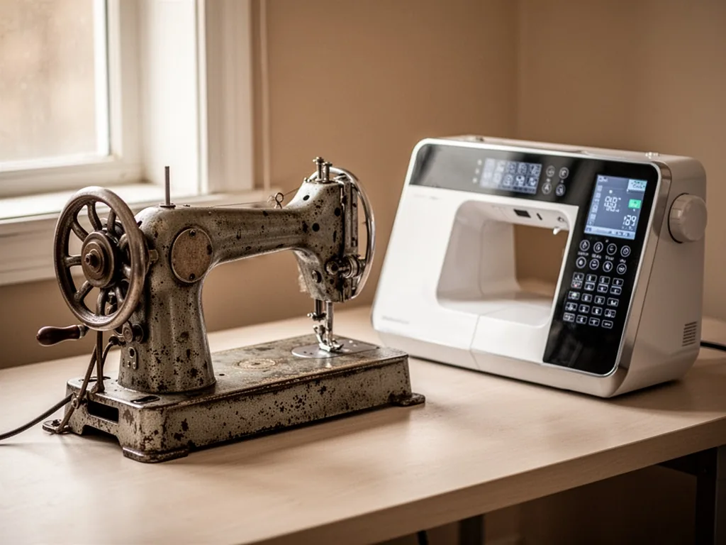 A vintage mechanical sewing machine with a handwheel and metal body, beside a sleek electronic model with a digital disp
