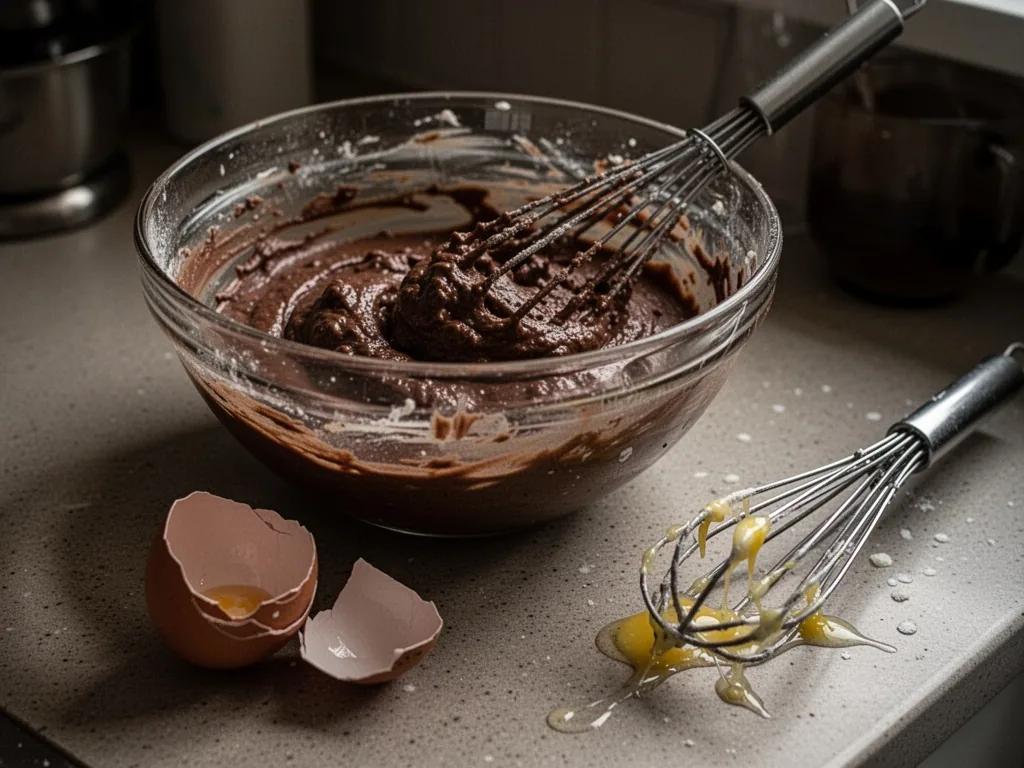 A glass bowl with lumpy chocolate mixture, a cracked eggshell on the counter, a whisk with stray egg whites, dim kitchen