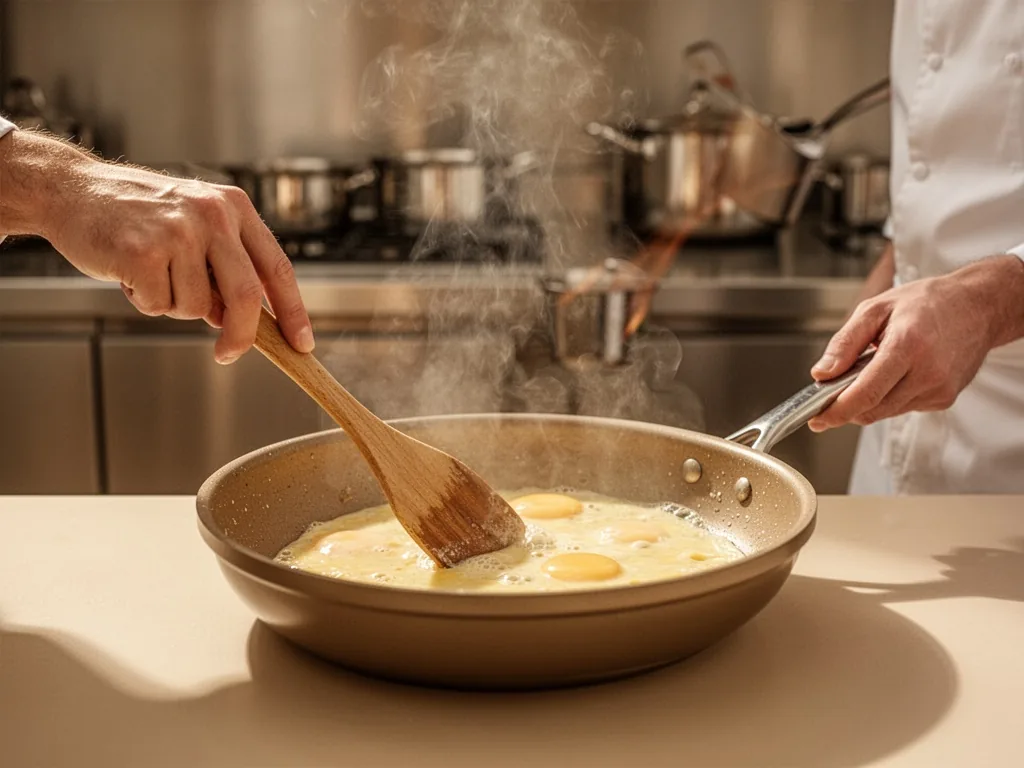 A chef's hands stirring pale yellow eggs in a nonstick pan with a wooden spatula, steam rising, blurred stainless steel 