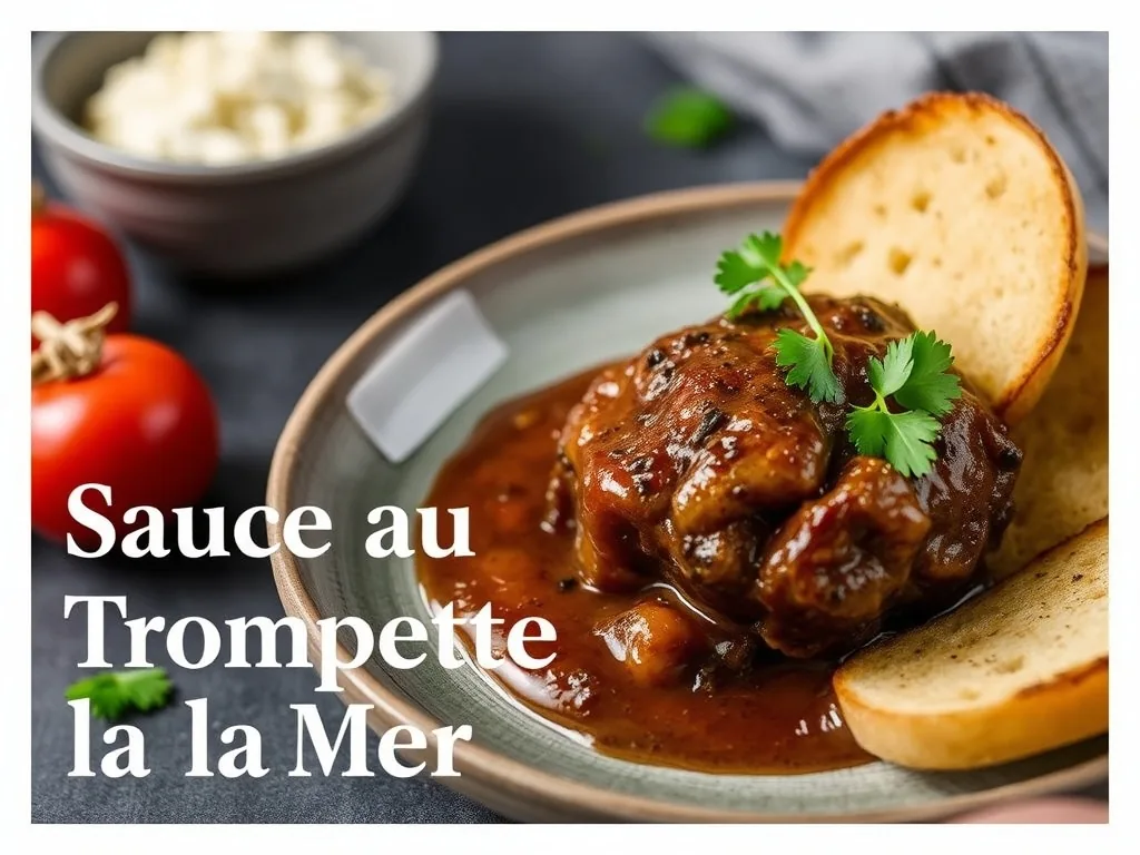Assiette de pâtes nappée d'une sauce brune aux trompettes de la mort, parsemée de persil