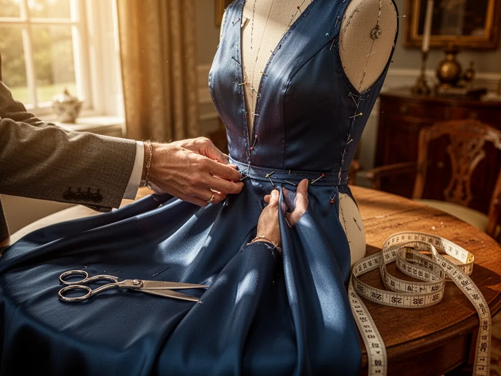 A tailor's hands pinning a deep blue silk fabric on a dress form, silver scissors and a measuring tape on the table besi